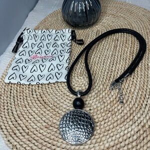 Brighton Black Braided Leather Necklace with Silver-Tone Textured Disc Pendant